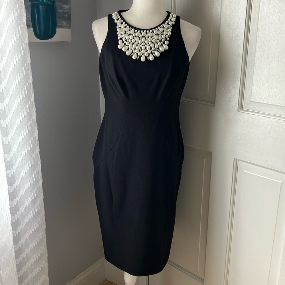 Little black dress with statement pearl necklace neckline 6 EUC LBD